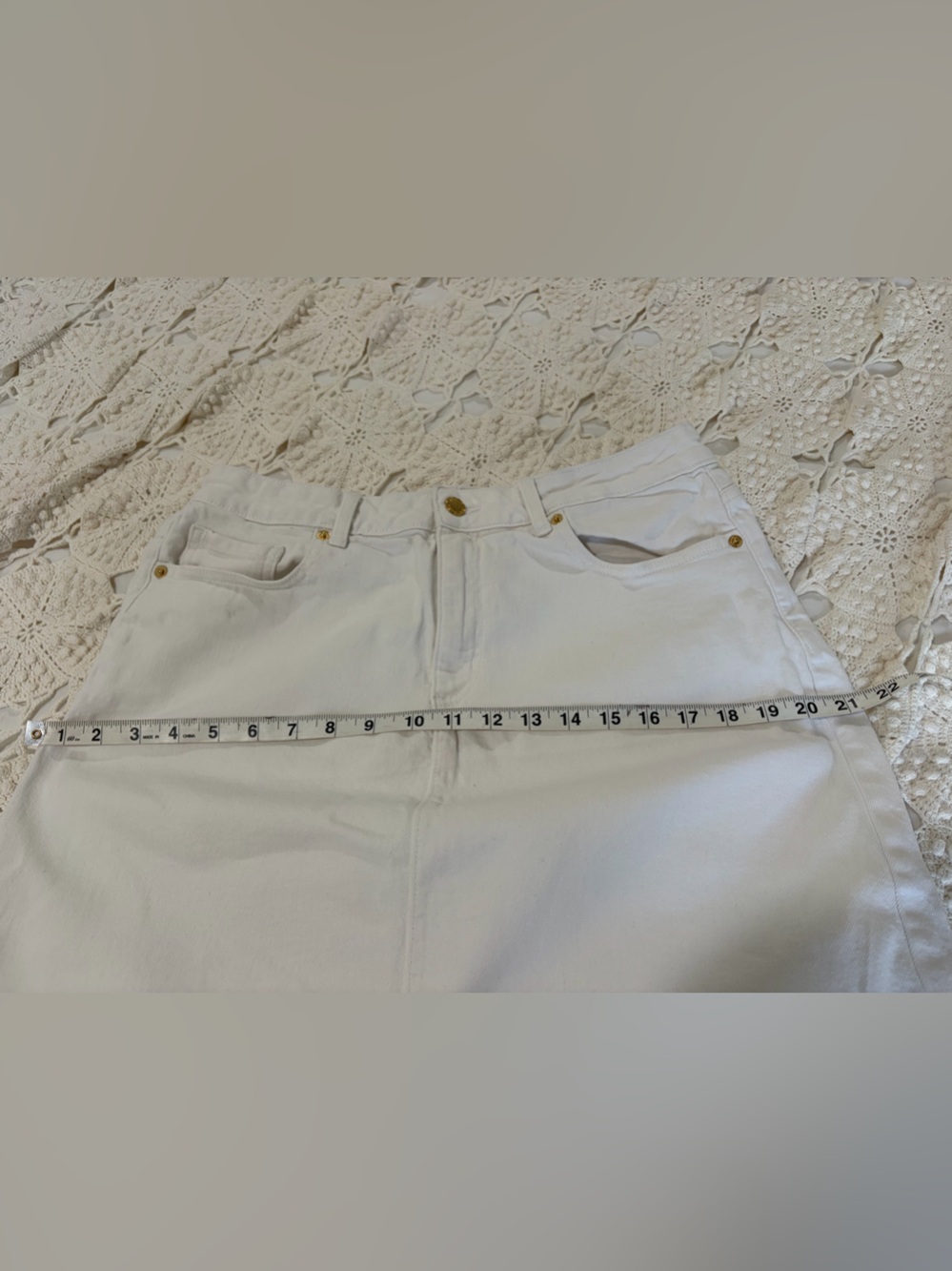Michael Kors White Denim Midi Skirt with Gold Hardware.